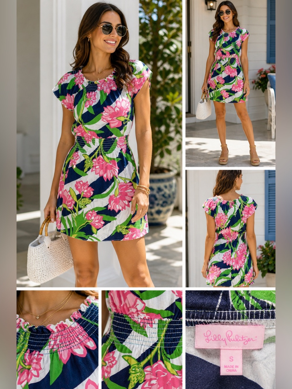 Lilly Pulitzer Lotus Frog Floral Mini Dress / Smocked Waist Resort Summer